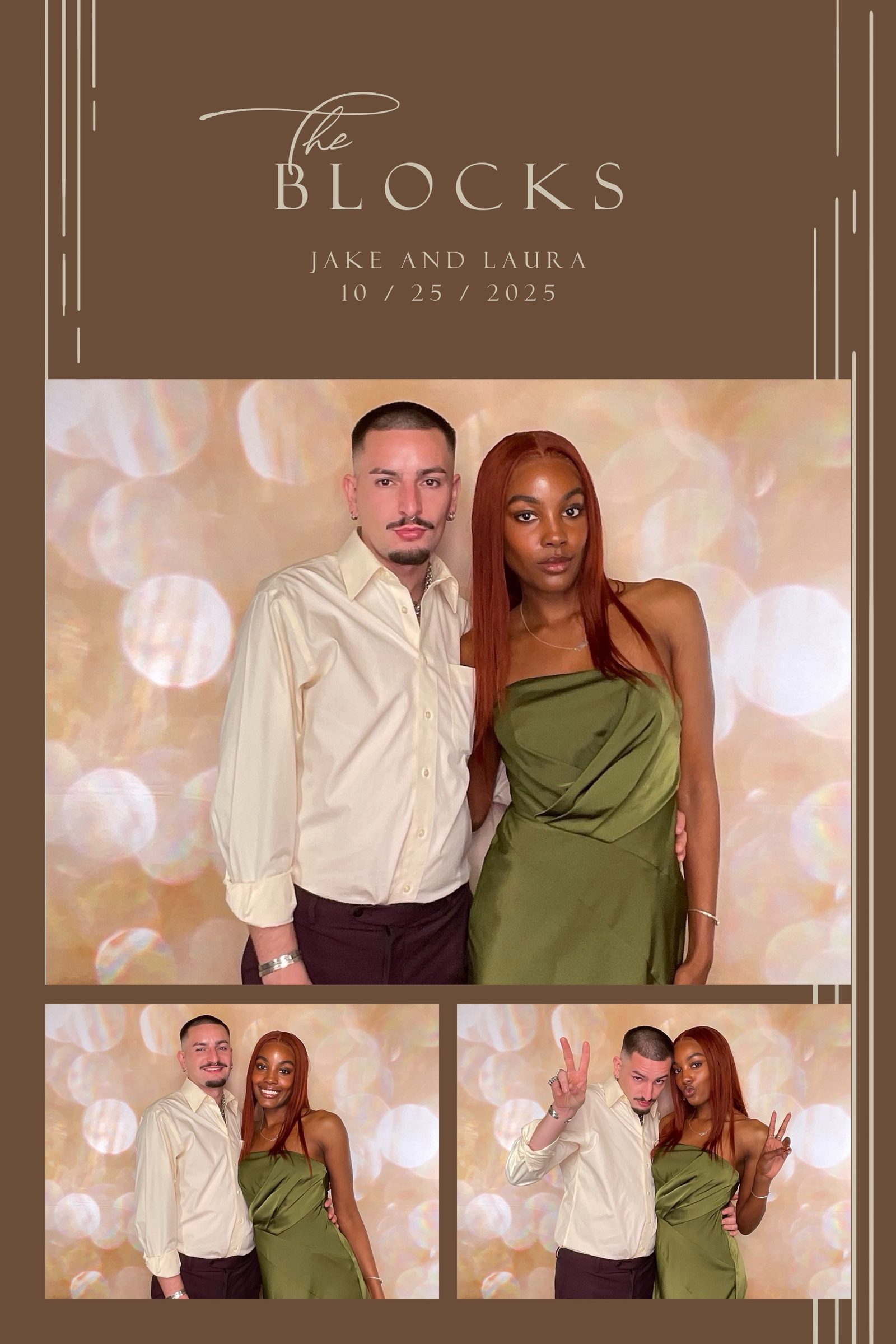 Photo booth print of a couple in a cream shirt and olive satin dress, gold bokeh backdrop