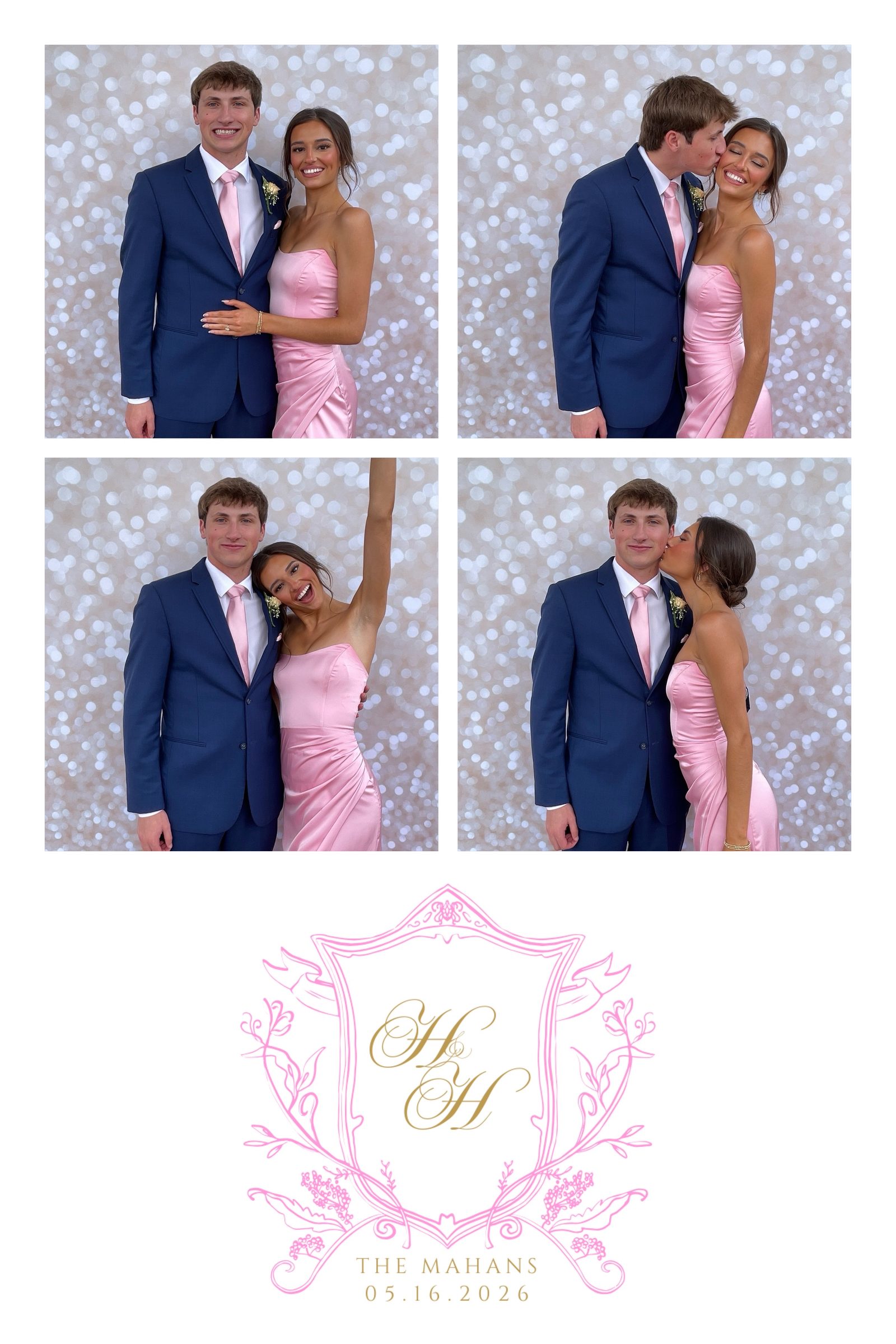 Four-shot photo booth print of a couple in a navy suit and pink satin dress, silver bokeh backdrop