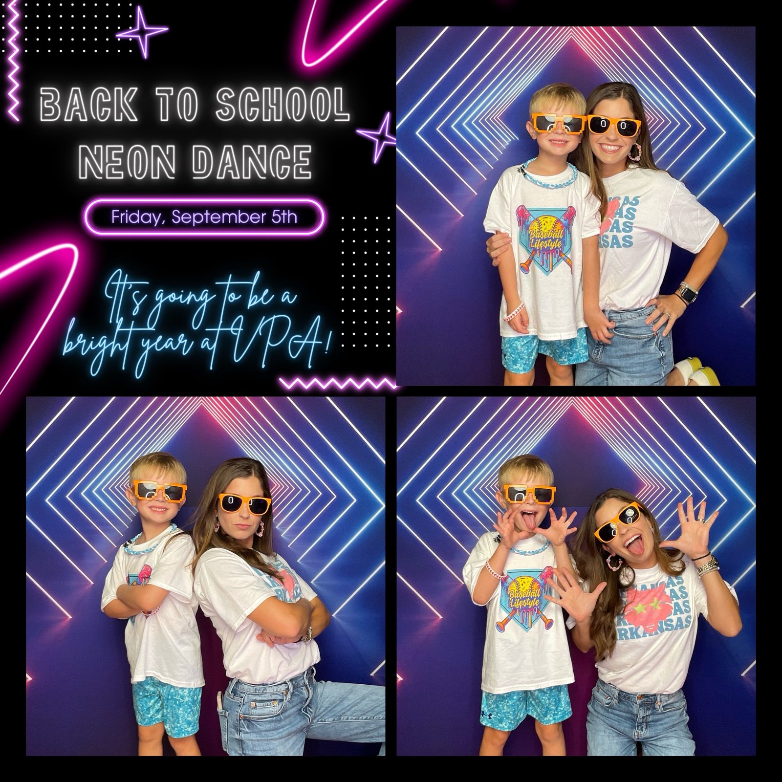Back to School Neon Dance print, a woman and child in orange sunglasses before a neon light backdrop